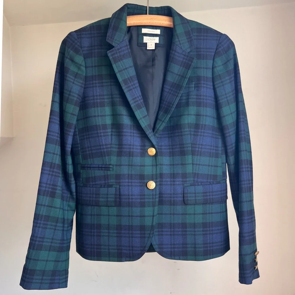 J. Crew Schoolboy‎ Blazer Size 4 Black Watch Plaid Navy Green Gold Button Jacket